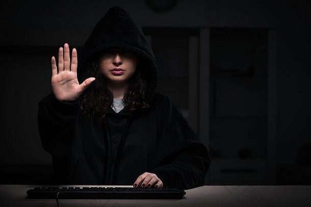 女黑客黑客安全防火墙晚些时候办公室