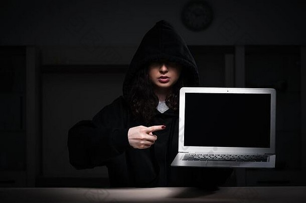 女黑客黑客安全防火墙晚些时候办公室
