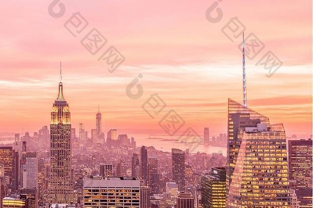 视图纽约曼哈顿日落小时