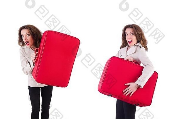 积极的美持有红色的手提箱孤立的白色