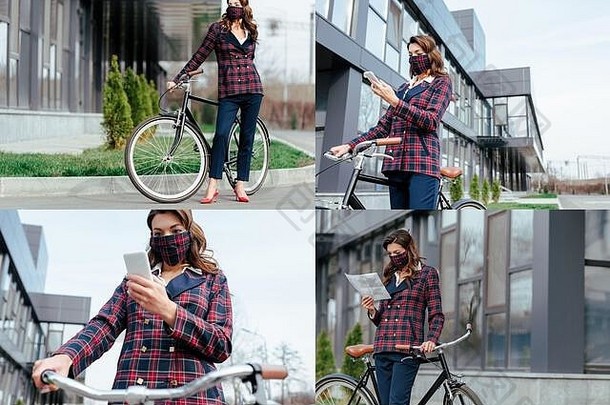 拼贴画女商人格子面具智能手机阅读报纸自行车