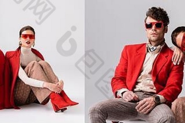 拼贴画年轻的时尚的夫妇太阳镜坐着地板上椅子灰色水平图像