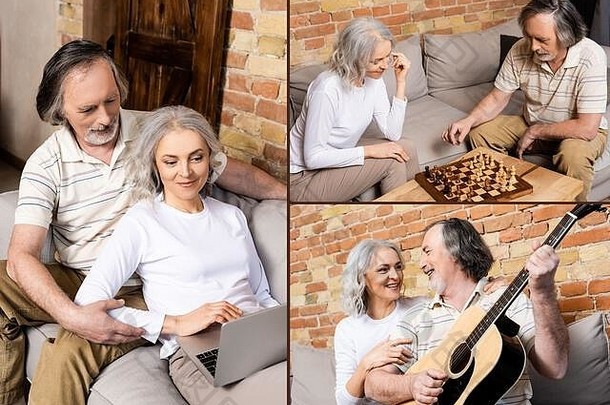 拼贴画成熟的男人。玩声吉他快乐的妻子玩国际象棋移动PC生活房间