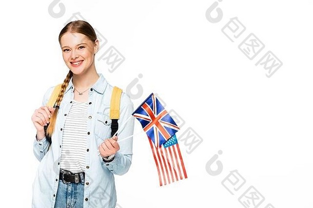 快乐女孩编织背包持有旗帜美国曼联王国孤立的白色