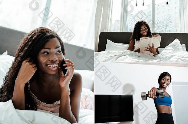 拼贴画非洲美国女人微笑阅读书会说话的智能手机卧室女运动员持有哑铃生活房间