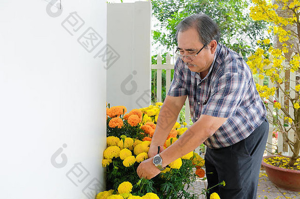亚洲男人。装修中国人一年月球一年盛开的黄色的花前面房子
