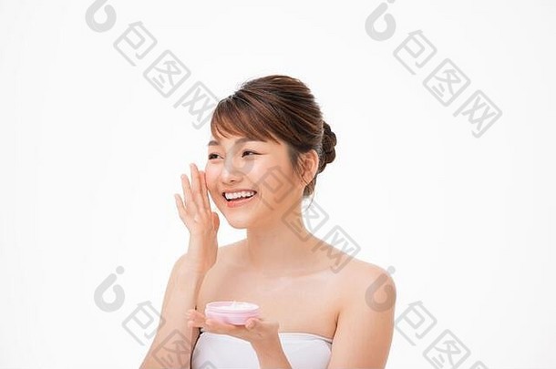 美概念亚洲女孩应用奶油脸