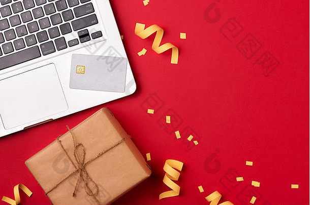 购物在线信贷卡圣诞节假期移动PC礼物表格红色的背景