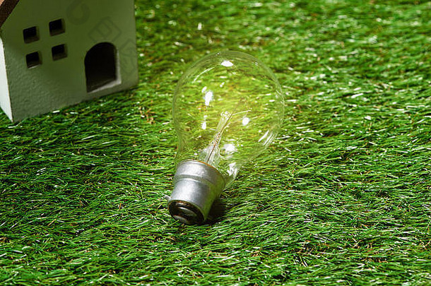 光灯泡绿色自然背景绿色能源概念