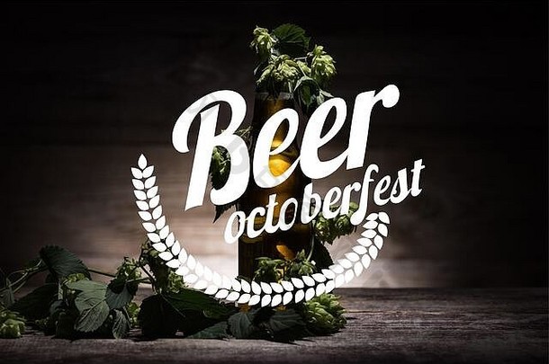 新鲜的啤酒瓶绿色跳木表面黑暗传统啤酒啤酒节插图