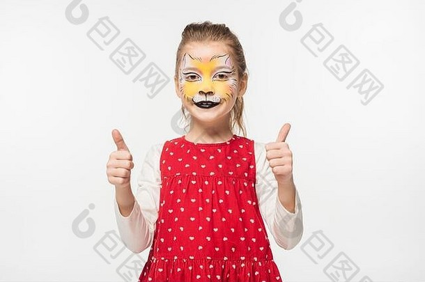 快乐孩子老虎动物的鼻口绘画脸显示拇指孤立的白色