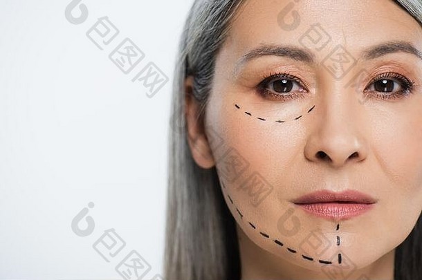 亚洲女人塑料手术行脸孤立的灰色