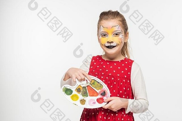 可爱的孩子老虎动物的鼻口绘画脸持有调色板孤立的白色