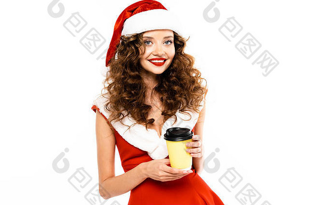 美丽的微笑女人圣诞老人服装持有咖啡孤立的白色