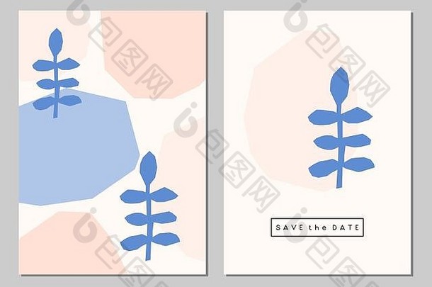 集婚礼文具设计卡片摘要刷中风柔和的颜色植物元素孤立的灰色的背景