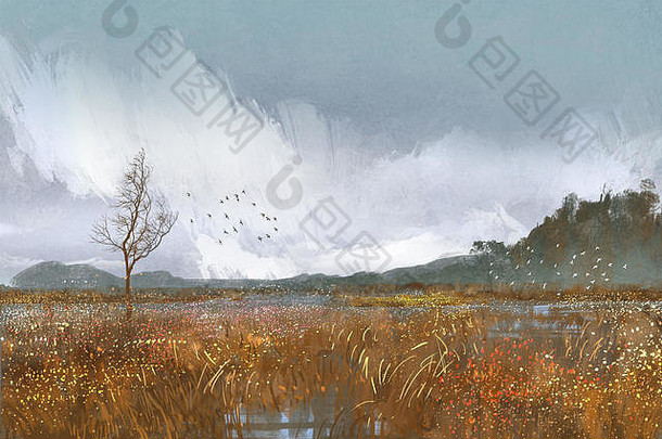 绘画景观字段梅多斯多雨的天气伤心情绪