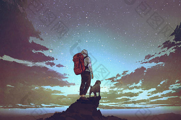 年轻的徒步旅行者背包狗站岩石星星晚上天空数字艺术风格插图绘画