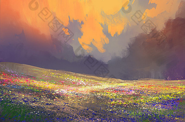 色彩斑斓的花场美丽的云景观绘画