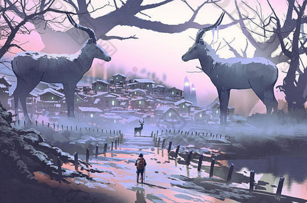 男人。村黑斑羚传奇动物冬天森林数字艺术风格插图绘画