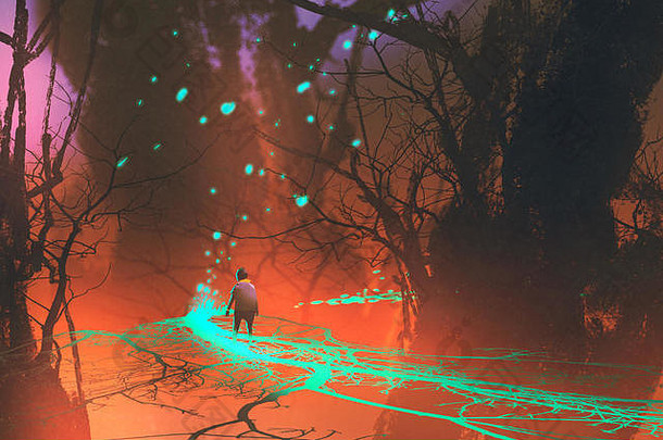 孩子走幻想桥发光的蓝色的光神秘的森林插图绘画