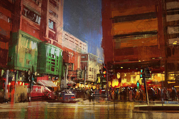 色彩斑斓的绘画街城市城市城市景观插图