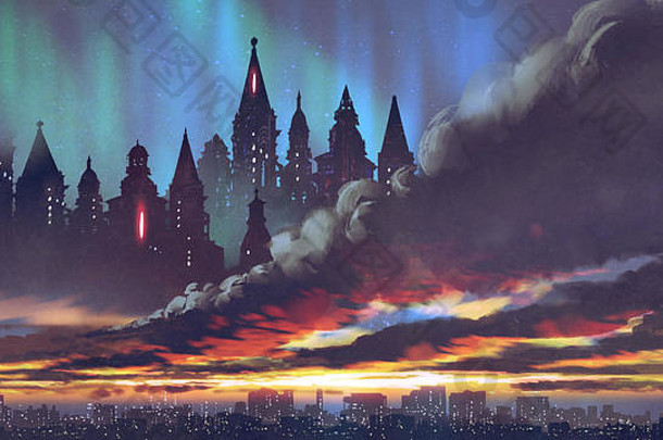 日落风景黑暗城堡黑色的云城市数字艺术风格插图绘画