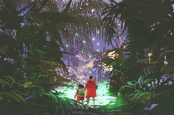 男人。女孩发光的绿色沼泽幻想森林数字艺术风格插图绘画