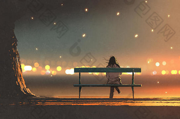 回来视图年轻的女人坐着板凳上散景光数字艺术风格插图绘画