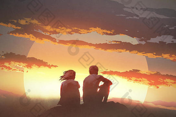 轮廓年轻的夫妇坐着岩石日落数字艺术风格插图绘画