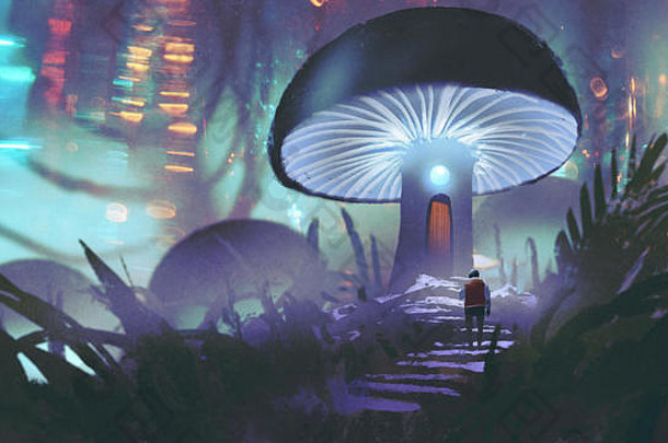 男人。走发光的蘑菇房子森林森林数字艺术风格插图绘画