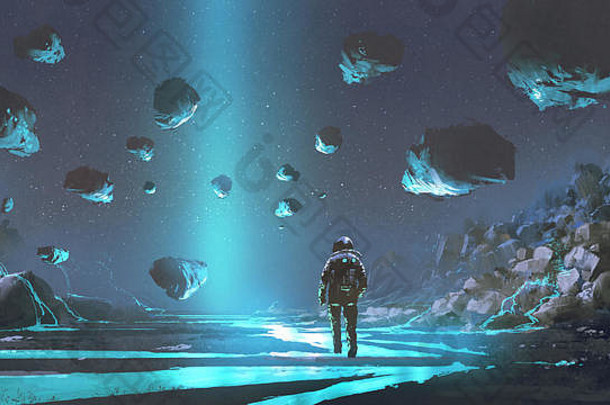 宇航员绿松石地球发光的蓝色的矿物质数字艺术风格插图绘画