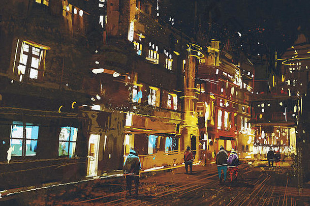 绘画晚上街城市城市景观色彩斑斓的光插图艺术