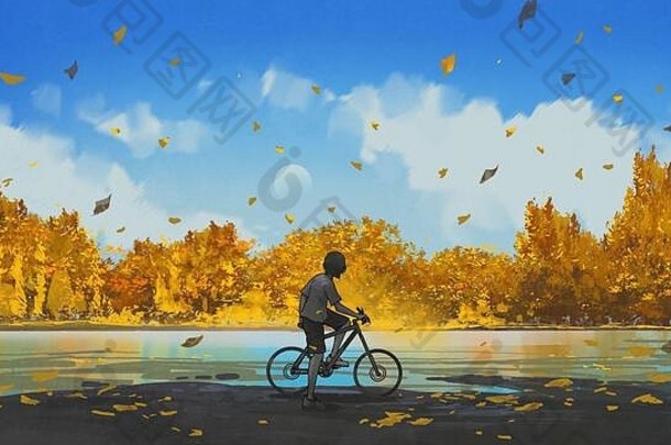 男孩自行车秋天视图数字艺术风格插图绘画