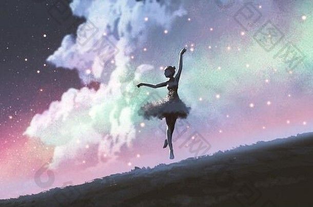 芭蕾舞女演员跳舞萤火虫山晚上天空数字艺术风格插图绘画