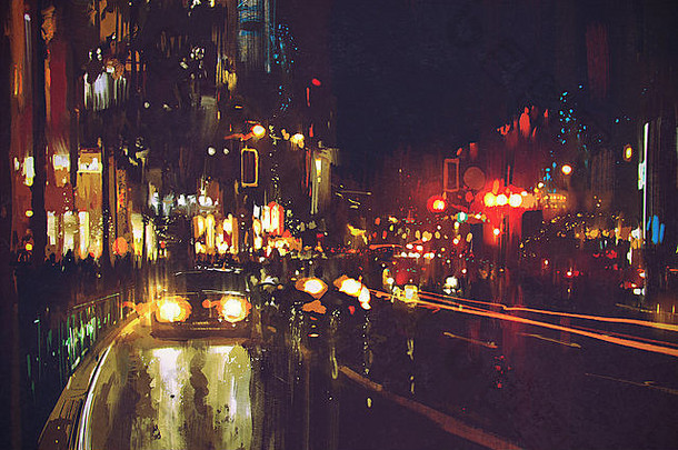 绘画晚上街色彩斑斓的灯