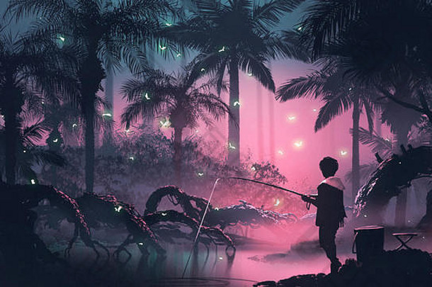 男孩钓鱼沼泽热带森林发光的蝴蝶数字艺术风格插图绘画