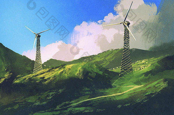 数字艺术景观风涡轮机绿色山插图绘画