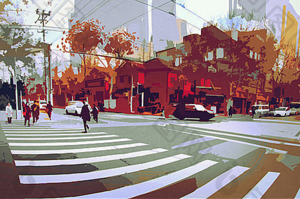 城市街秋天城市景观绘画paronamic视图