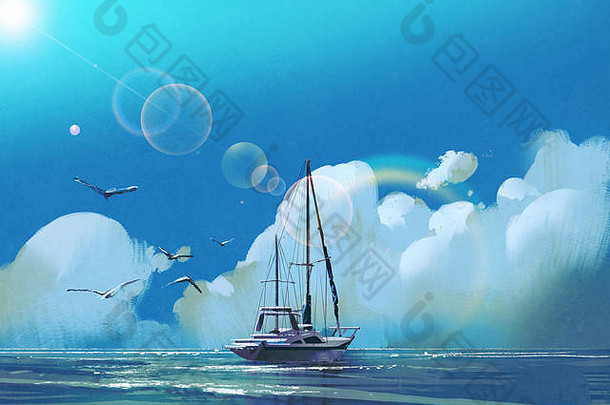 帆船海夏天天空大云插图绘画