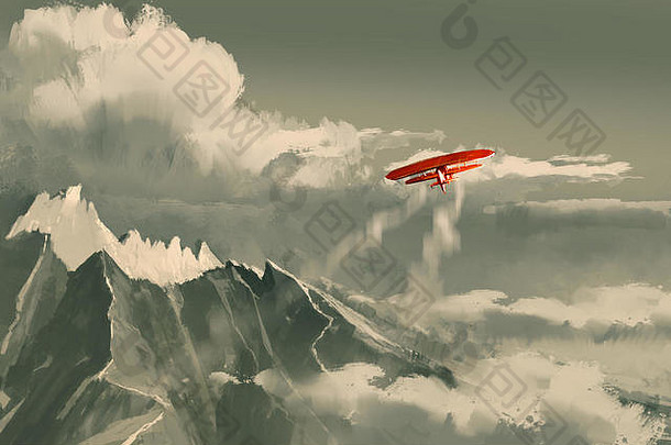 红色的双翼飞机飞行山插图数字绘画