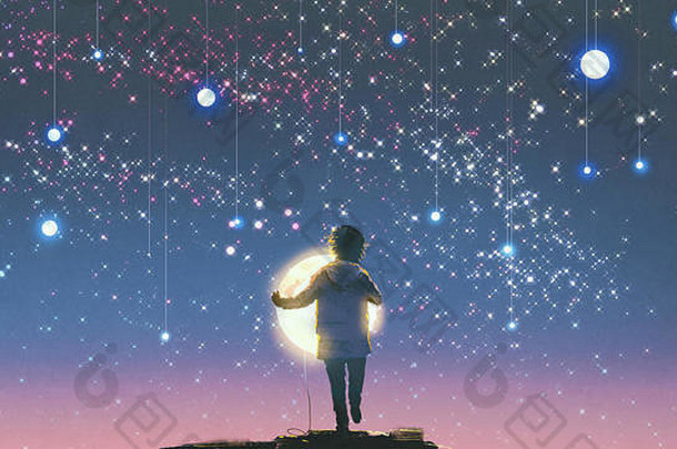 男孩持有发光的月亮站挂星星美丽的天空数字艺术风格插图绘画