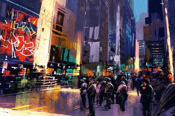 人群人城市街色彩斑斓的绘画插图