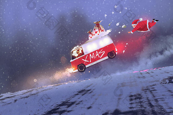 有趣的场景圣诞老人老人的圣诞节礼物袋跳冬天路插图绘画