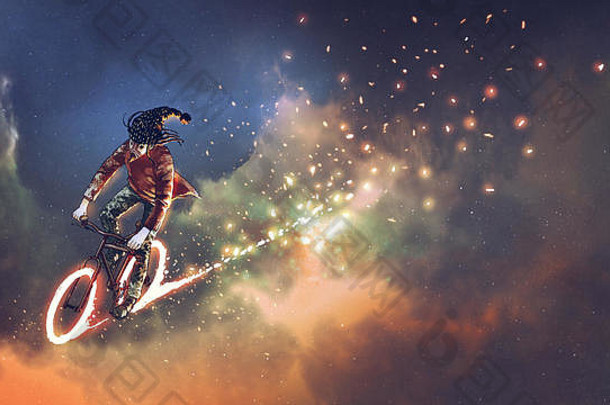 男人。花俏的衣服骑自行车发光的轮子外空间数字艺术风格插图绘画