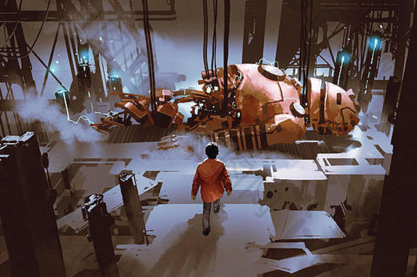 男孩走破碎的巨大的机器人修理工厂数字艺术风格插图绘画