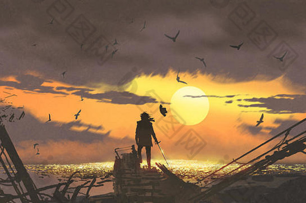 海盗剑站废墟船金珍宝日落数字艺术风格插图绘画