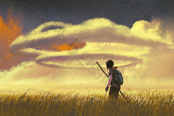 年轻的男人。走草地环云天空数字艺术风格插图绘画