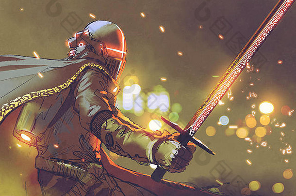 科幻字符astro-knight未来主义的甲持有魔法剑数字艺术风格插图绘画
