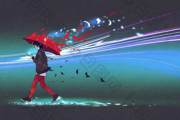 女人红色的伞走黑暗背景散射粒子数字艺术风格插图绘画