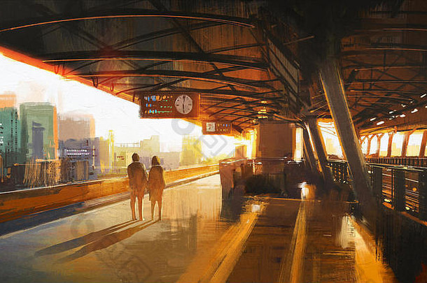 绘画显示夫妇等待火车站